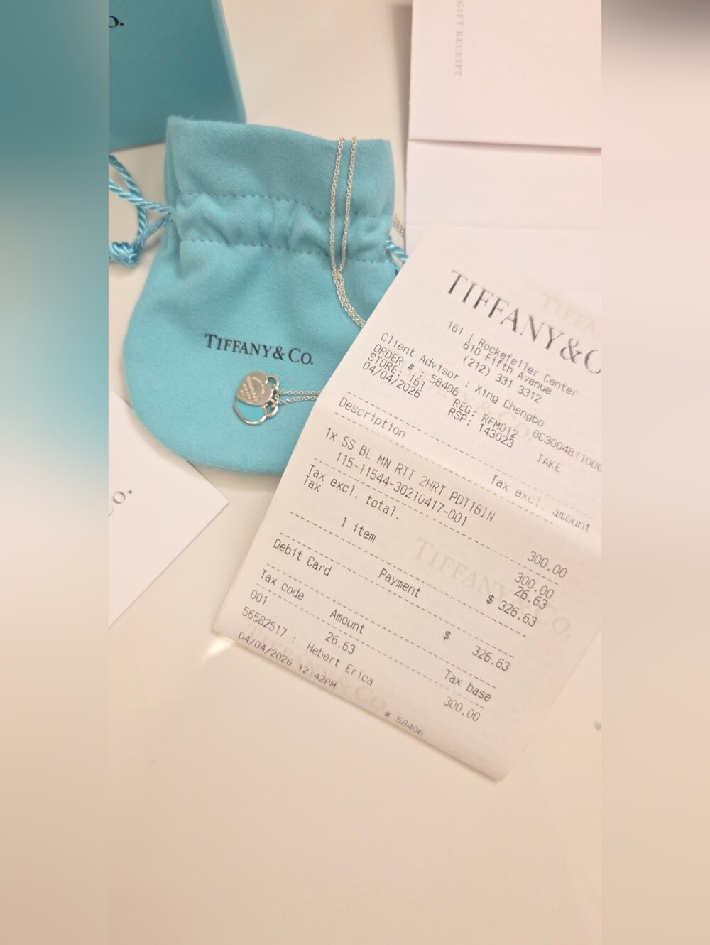 Tiffany & Co. Silver & Teal Heart Tag Necklace with Blue Pouch